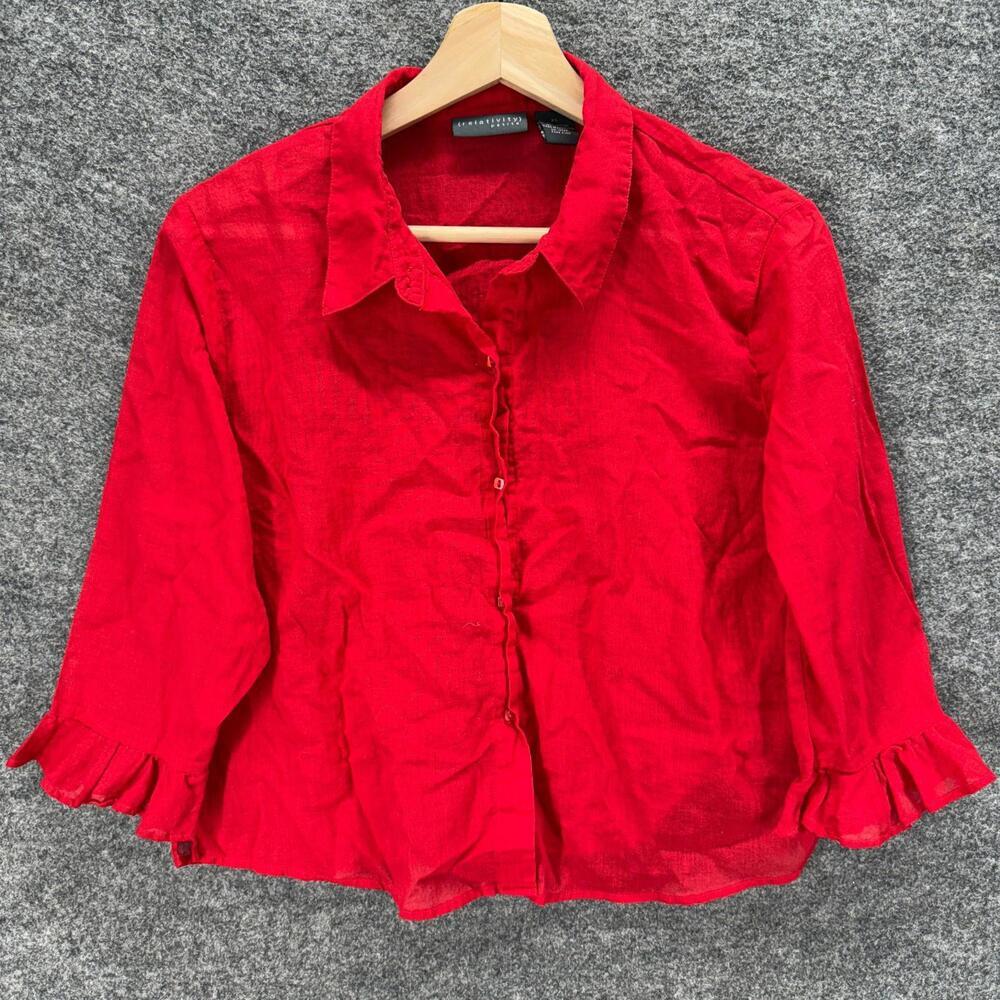 Relativity Shirt Women PL Petite Red Button Up Collared Long Sleeve Cotton